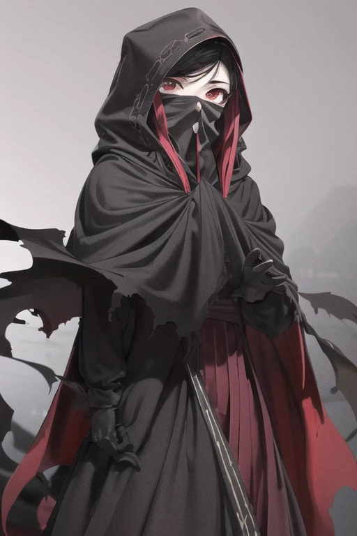 NNAssassinFSF, 1girl, solo, black hair, long cape sleeves, sleeves covered hands, long skirt, robe dress, long cape, cape, black cloak, hood up, black robe, covered mouth, white gloves, mask, hooded cloak, ((masterpiece, best quality)),standing , room, red...