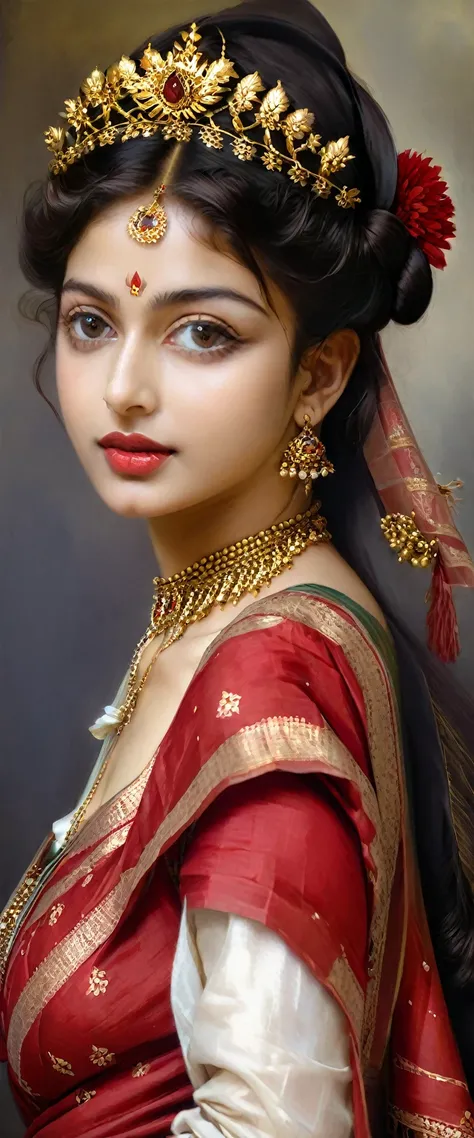 Beautiful Indian Woman, wearing red saree, sari Beauty, gorgeous, Apsara, Maharani, royal queen woman, nymph from Hindu Mythology, Urvashi, matchless beauty, Highly detailed, Oil Painting by Peter Paul Rubens inspired by Raja Ravi Varma, Matchless beauty, ...