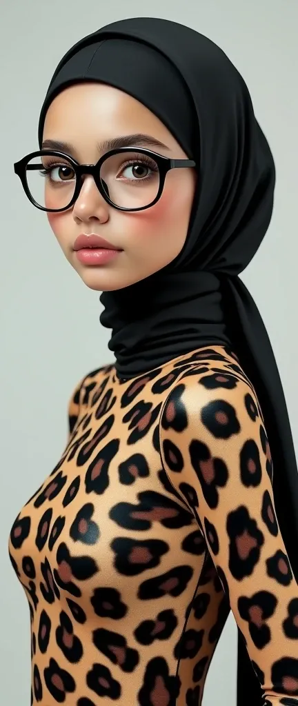 A beautiful and thinnest Malaysian Muslim girl with a pair of school glasses wears clouded leopard turtleneck unitard catsuit and clouded leopard print Lycra dancewear hijab