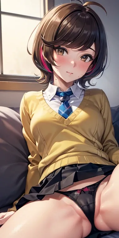 1 Female,High definition,high resolution,Ultra-realistic,8K, hmza, short hair, antenna hair, brown eyes, school uniform,( blue necktie), (yellow shirt),(black jacket), long sleeves, black skirt,tight skirt , miniskirt,European,sexy,Upper body close-up,Phot...