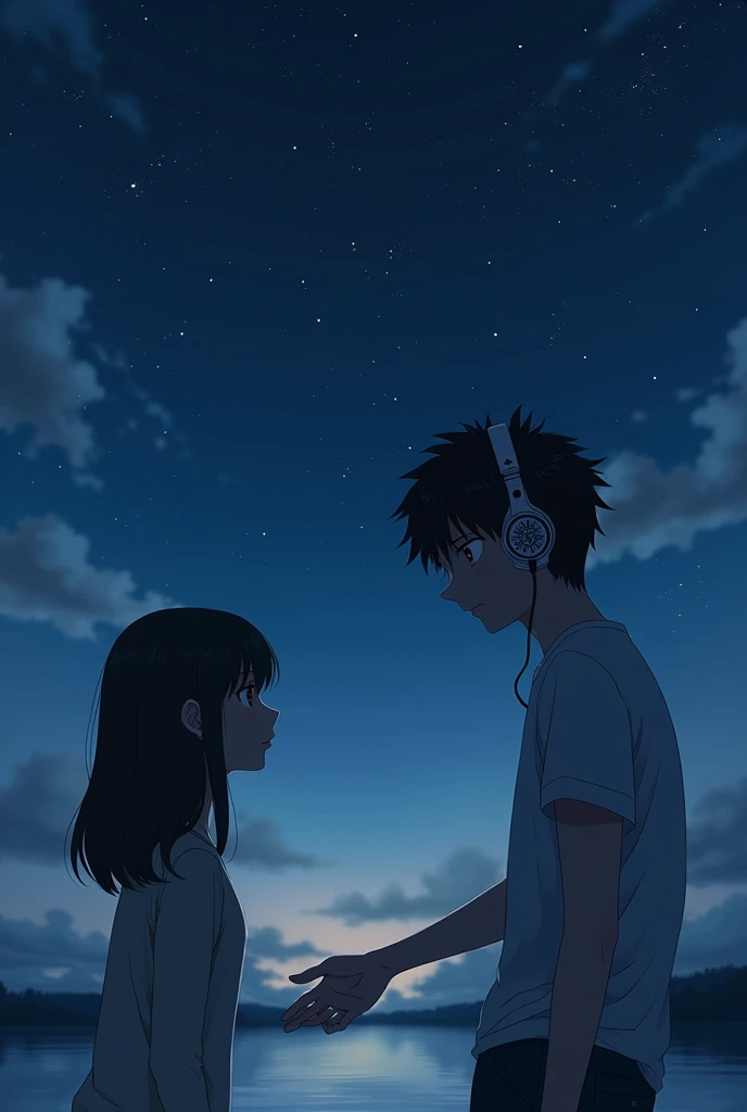 19 year old anime boy with headphones and night sky background with dull look The boy extends his hand to a girl 
