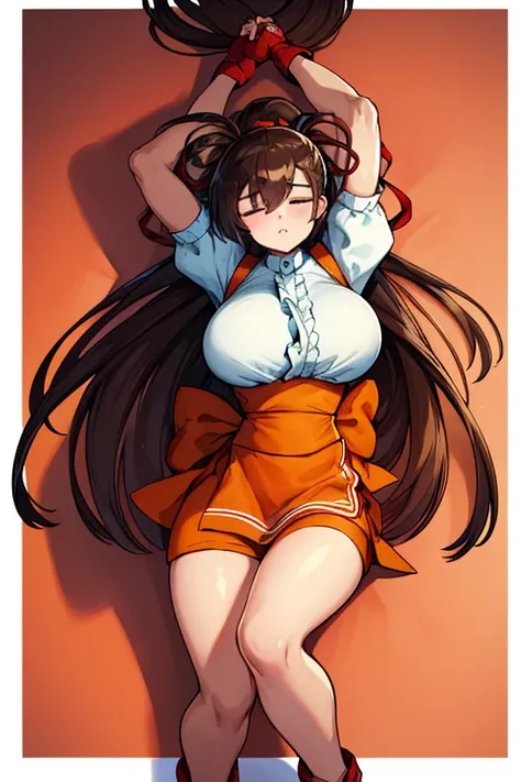 sleep，lie on wrestling ring, wrestling ring, boxing ring, takeuyuka
very long hair
hair bow, frilled shirt, underbust, ribbon, fingerless gloves, white gloves, waist apron, orange skirt, socks, toeless legwear