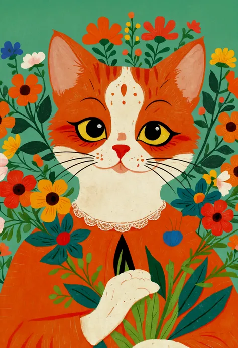 Childish Art, Folklore illustrations, Retro European Folk Art, Anthropomorphic cat,portrait, Traditional folk art style, Anthropomorphic cat, Holding flowers