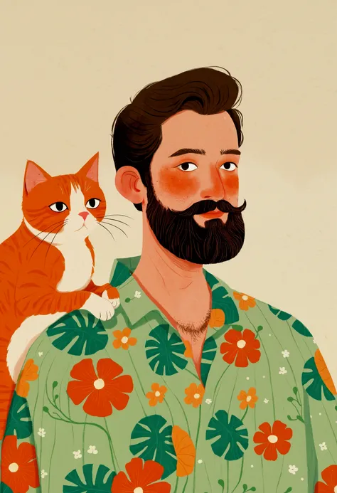 there is a man with a beard,On the shoulder lies a cat, Digital rendering by Paul Bird, Shutterstock competition winner, Folk art, Wear with a Hawaiian shirt, illustration | Rutkowski, #illustration, funny illustration, in style of digital illustration, to...