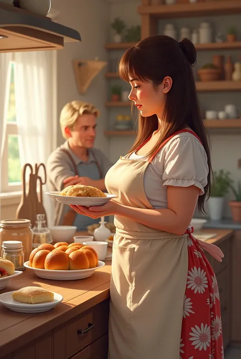 Soft woman, kitchen, baking, housewife, brunett, straight hair, apron, huge boos, gigant boops size F, curvy butt, she is serving a food to her husband, he is blond 