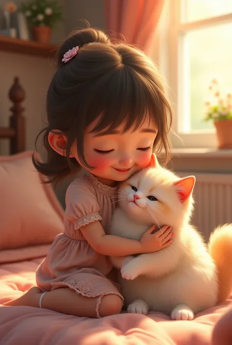 A 5 year old girl playing with a beautiful fluffy cat, happiness, happiness offers, Idyllic, magic scene, beautiful room , (Best Quality, 4k, 8k, High resolution, masterpiece:1.2), ultra detailed, (realist, photorealist, fotorrealista:1.37), warm lighting,...