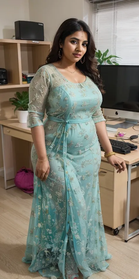 Day scene, A radiant, full-figured South Indian 35 year old aunty a cream colour chiffon short  frock, standing, in a office, captured in a full-body image with vibrant hues and meticulous details. Full body image