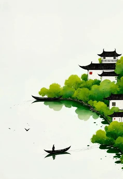 Sky占比2/3.Chinese Ink Painting Sketch:Peaceful and Freehand,artistic conception:2.Dot,landscape,Minimalism,White background。(((Negative Space:2,Large area of blank:2, Bottom left corner composition)))。niji6 style