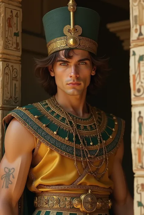  An handsome man green eyes ,brown hair , white face ,in to prisoner wearing a Egyptian dress pharaoh .