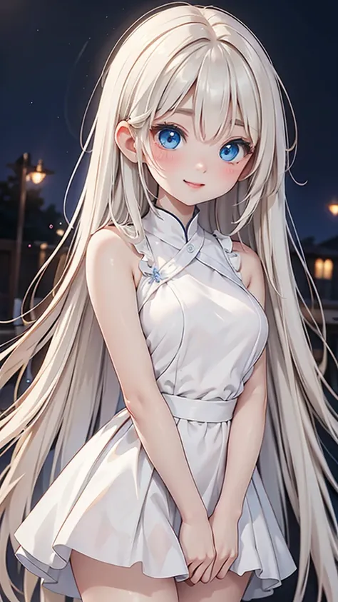 European woman in her late 20s、Anime style illustrations。Short and young々New Appearance、Fair skin。Short and young々New Appearance、Long bright golden white hair、Big Blue Eyes。Delicate and slender figure。She is wearing an elegant dress like a princess。A lovel...