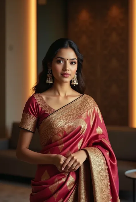 A professional beautician expertly drapes a luxurious silk saree around a poised woman in an elegant, contemporary Indian salon. The saree features rich colors and intricate gold embroidery, with the salons ambient lighting casting a warm glow on the scene...