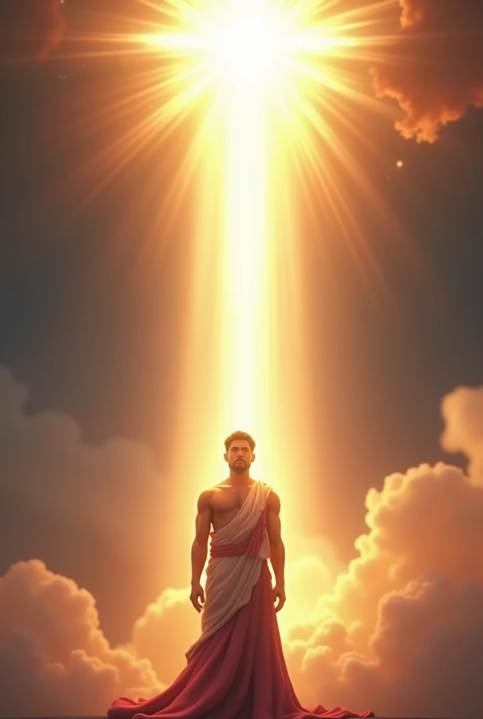 A cinematic 3d cartoon style " Divine Light: A soft, ethereal light beams down on Karan, symbolizing his sacrifice and the divine acknowledgment of his generosity and valor "