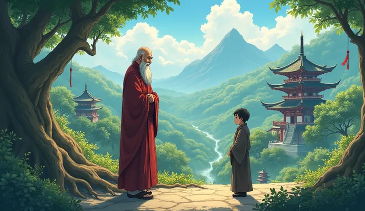 Old monk master standing, monk student watching, roots beneath the ground can be seen, surrounded by temples, beautiful trees, in anime style, beautiful scenario