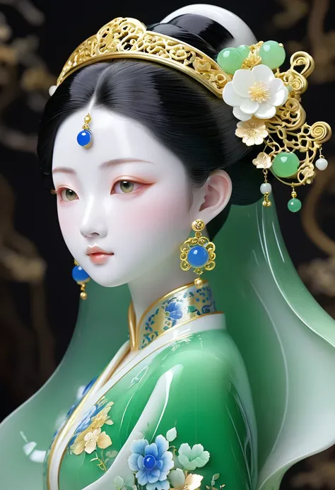 green，gold inlaid jade，blue and white porcelain girl，