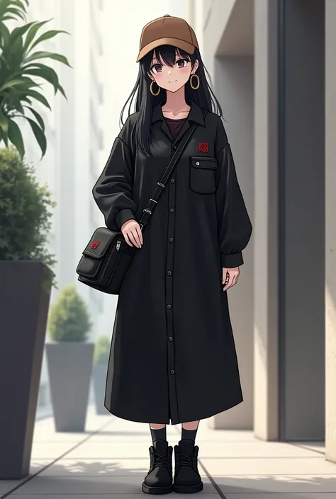 A nedium size girl wearing over knee black shirt-dress and black timber land shoes with straight longgg hair large cirlce earings and black cross bag and a brown cap

