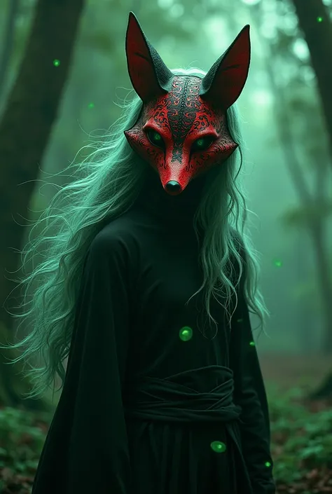 A mystical character wearing a detailed fox mask with red and black patterns, long flowing greenish-silver hair, standing in a dimly lit forest with glowing green particles floating around. The character exudes an ethereal and enigmatic aura, with the mask...