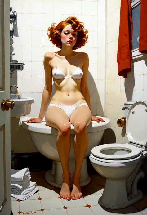 a girl in topless in a small white panties  in a bathroom sitting legs wide open on the toilets view down below in the style of Gigi Cavenago and Jeffrey Jones and Albert Beck Wenzell and norman rockwell