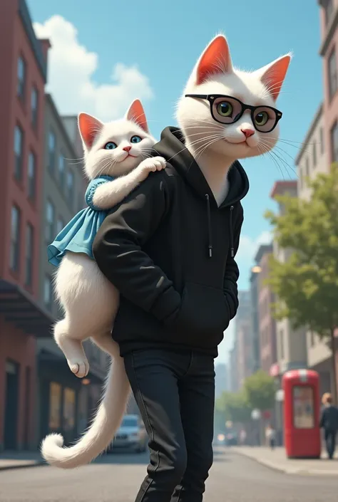  tall beautiful white cat dressed in plain blue frock is given piggy ride by  tall 
white cat dressed in black hoodie and black jeans with black glasse on back in street