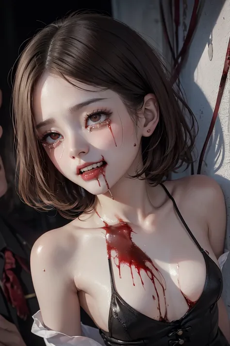 Highest quality, masterpiece, look up, cute,(Horror),(((少女の美しいzombie))),((zombie)),((This girl is dead)),(Being attacked),Trying to bite,(((Bleeding,Injured))),(((Shedding tears of blood))),((Bloodbath)),((口からBleeding)),((Covered in blood)),(A body covered...