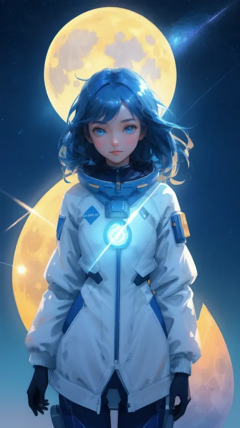 A beautiful, cute girl in a futuristic blue spacesuit stands confidently on the moons surface. She reaches out as golden Bitcoin symbols spread out and float around her, illuminated by the bright blue moon in the background. The scene is bathed in a rich, ...