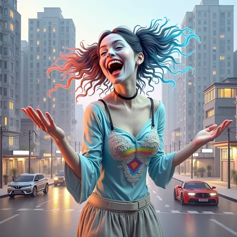  a young lady,displaying her own power.((laughing,trickster,theatrical,madness, jestering)),((pale blue, dark blue, red, rainbow colours)),(( Full figure wiew)). ((Three quarter wiew)),((deep wiew)),modern suburbs scenario background,photographic,ultra hig...