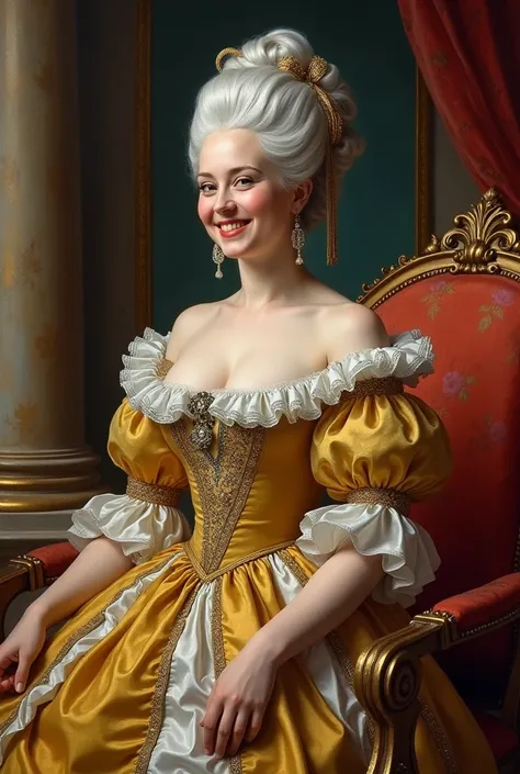 Marie-Antoinette, the french queen with white hair looking happy in Versailles, big boobs