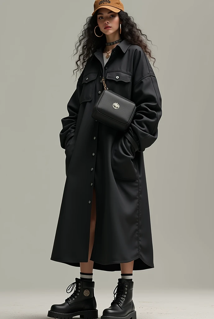 A girl wearing over knee black shirt-dress and black timber land shoes with curly longgg hair large cirlce earings and black cross bag and a brown cap

