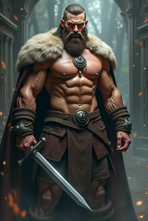 (Masterpiece, ultra detailed: 2), (best quality: 2), (beautiful man: 2), (beautiful face: 2), viking warrior man, muscular, (big breasts: 1.7), sexy, standing with unsheathed sword.