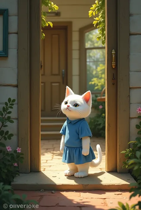  tall beautiful white cat dressed in plain blue frock is says good by standing at door of house 