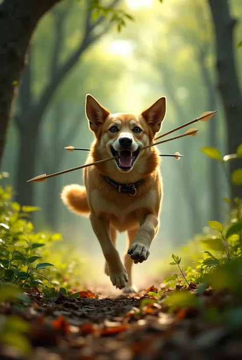 A dog running through the forest, its mouth sealed by arrows, but unharmed, showcasing Ekalavyas incredible skill.**