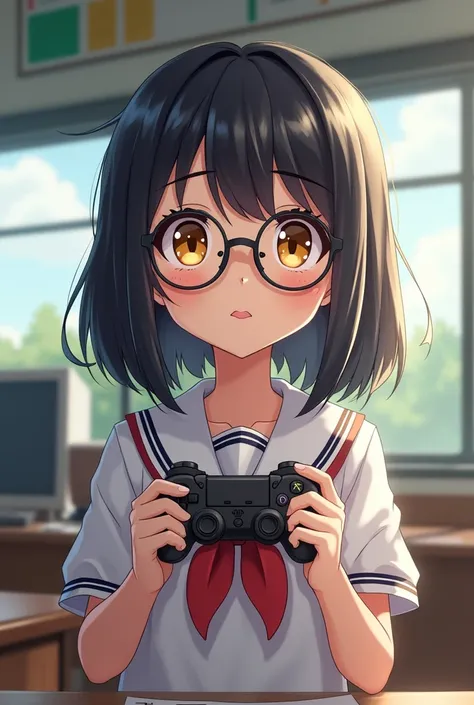 Anime school girl, tan skin, yellow eyes, black hair, white highlights, round glasses, nerdy girl, gamer, very shy, cute clothes