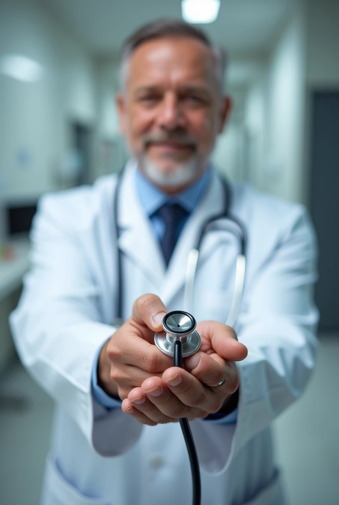 Male doctor fingers holding stethoscope facing me 
