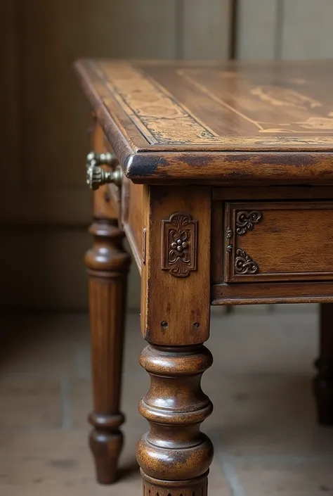 Design a vintage table that captures the charm and elegance of a bygone era. The table should have a sturdy wooden frame, with a rich, distressed finish that reveals the woods natural grain and history. The tabletop could feature intricate inlays or a slig...