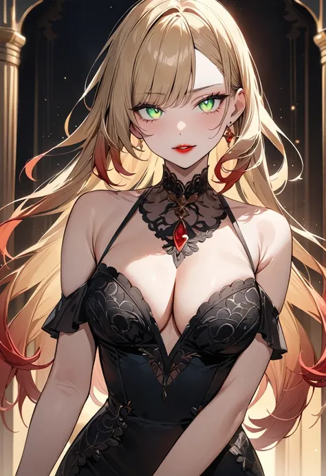 (masterpiece, top quality, very aesthetic, 4k、illustration), intricate detail, 1woman,solo,contrapposto 、(gradient eyes、tareme)、Strong glowing eyes、asymmetrical bangs,Fair skin,(upper body)、beautiful women、Cleavage、clear face、(red lipstick),beautiful face、...