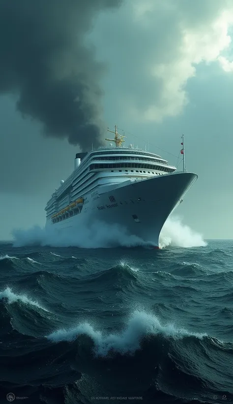 Luxury cruise ship far from the center of the ocean，Enveloped by a dark and gloomy sky，Rough seas。