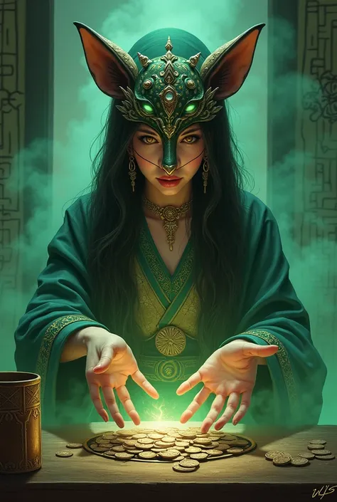 chinese fortune teller beautiful woman in hulijing fox mask throwing coins on table, mysterious atmosphere, green smoke, drawn in magic the gathering style