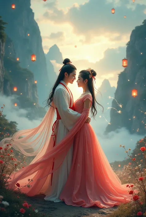 Edit an image of Korean actress Kim Jiwon and Korean actor Kim Soohyun in a poster fitting a Chinese romance fantasy show