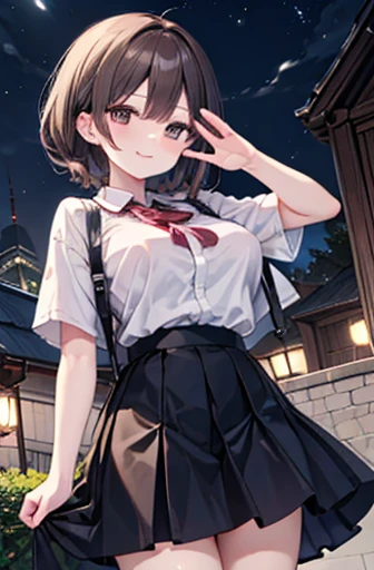 （Cute older sister:1.3）、smile,Spring atmosphere、skirt、Salute、night、Brown Hair,Large Breasts