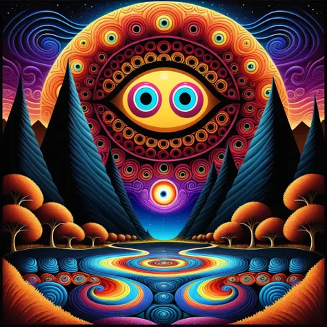 Intricate Cute Kawaii Monster with big teeth, big eyes, holding a bubble, in forest, mountain, swirly sky, cosmic sky, hypnotic, painting, metaphysical, quilled, mosaic, psychedelic art, super-detailed geometric patterns, symmetrical design, hypnotic effec...