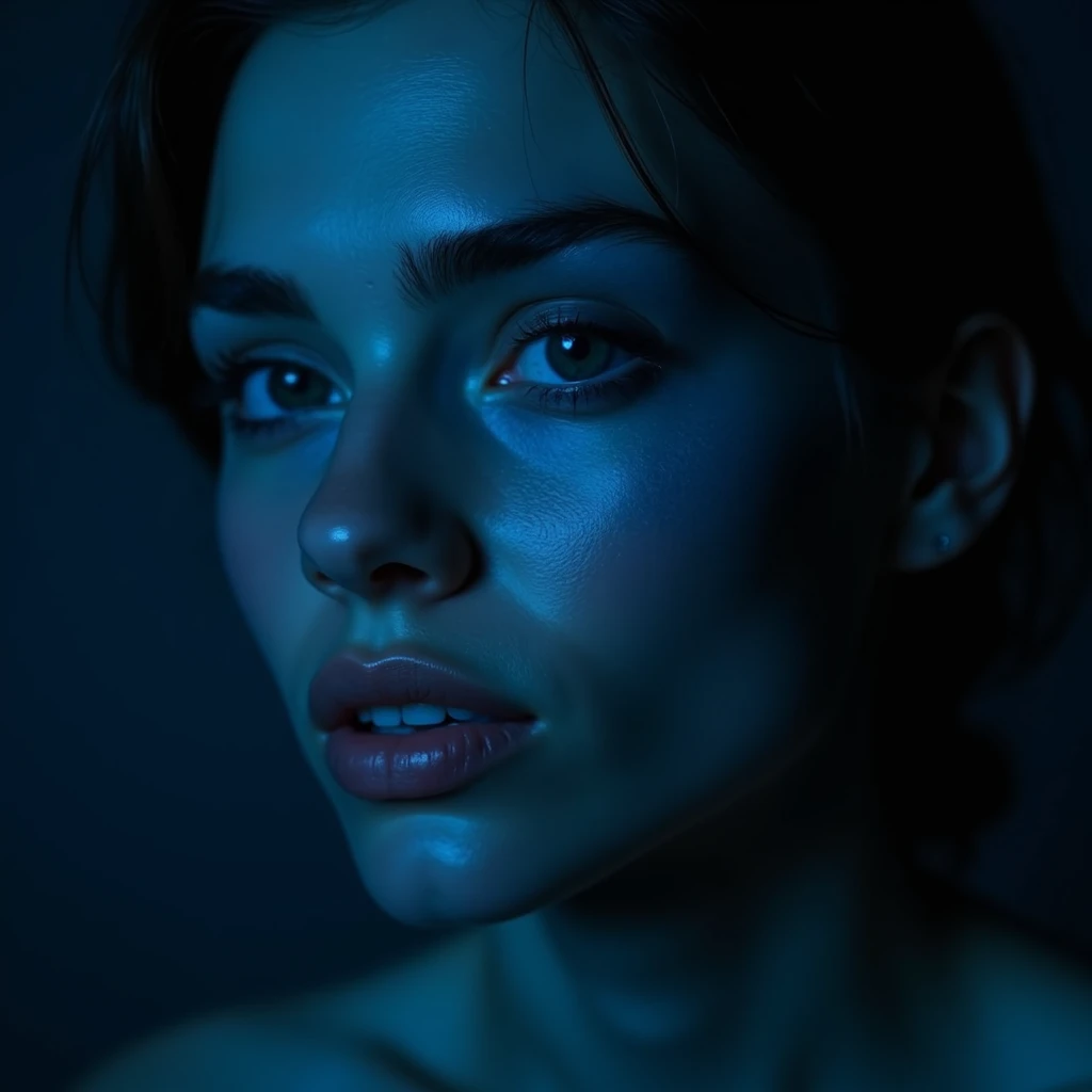 Close-up of a beautiful Caucasian female model&#39;s face　Half of the face is darkened by shadows　Expressed using only shades of blue