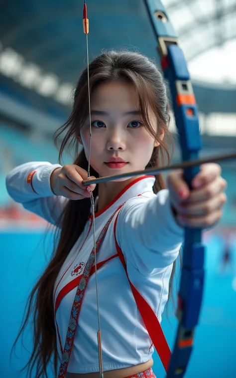 Women&#39;s archery at the Olympics，Korean team，18-year-old beauty，Delicate facial features，cute，White skin，Long hair，full-body shot，Panoramic vistas，Wide-angle lens，Olympic Games venue，Professional equipment，Focus，Ten rings，Olympic competition background