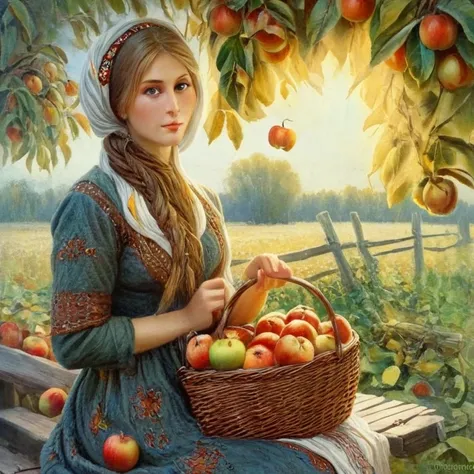 painting of a woman, sitting on a bench with a basket of apples, the goddess of the autumn harvest, beautiful digital images, ig...