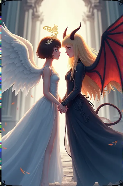 Generate Princess of Heaven and Princess of Hell,who are holding hands.The princess of the sky is short,she has brown short hair and blue eyes.She also has white angel wings and a halo..The princess of hell is tall,she has long blonde hair and brown eyes.H...