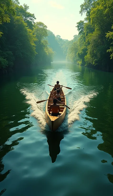 Fast canoe on the banks of the Amazon River with lush forest in the background