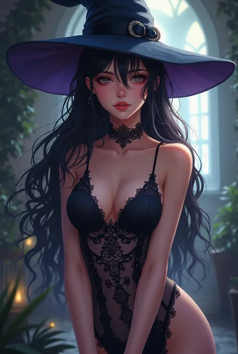 beautiful and seductive one girl being flirty and wearing witch clothes but the clothes is very revealing and seductive and the art style is anime but not too revealing while the expression is a bit lustful and bored making an seductful glance or pose