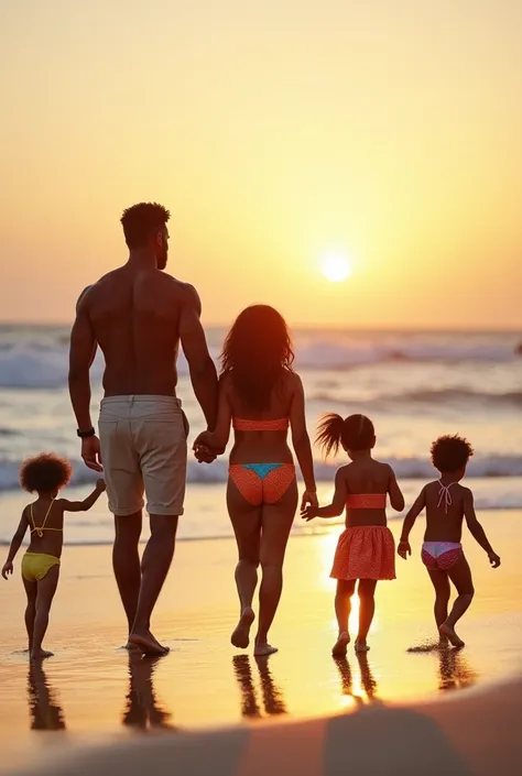 generate a photo of a black man with his beautiful half cast family of wife and brown four kids two girls and two boys wearing bikinis walking along the beach shore at sunrise