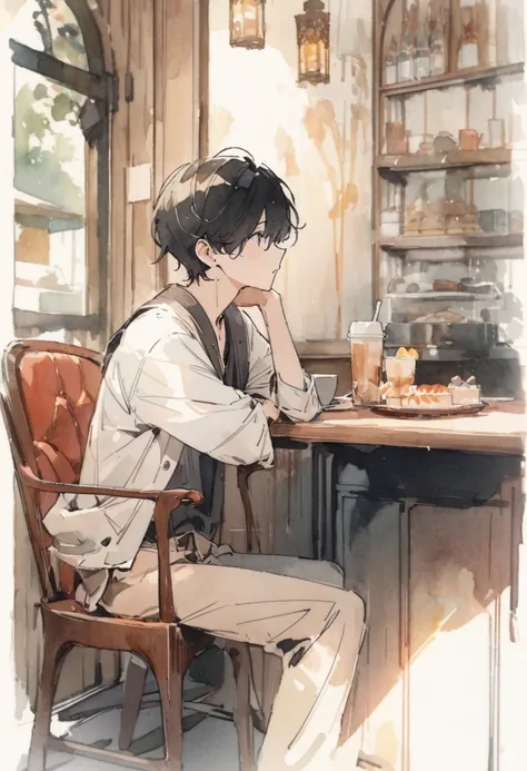 masterpiece,最high quality,Very detailed,High resolution backgrounds,8k,there is nothing,high quality,break,japanese manga style, sketch, Watercolor Colors,Cafe with a nice atmosphere,antique interior,Stylish interior,,slowly,relax,coffee, A boy is sitting ...