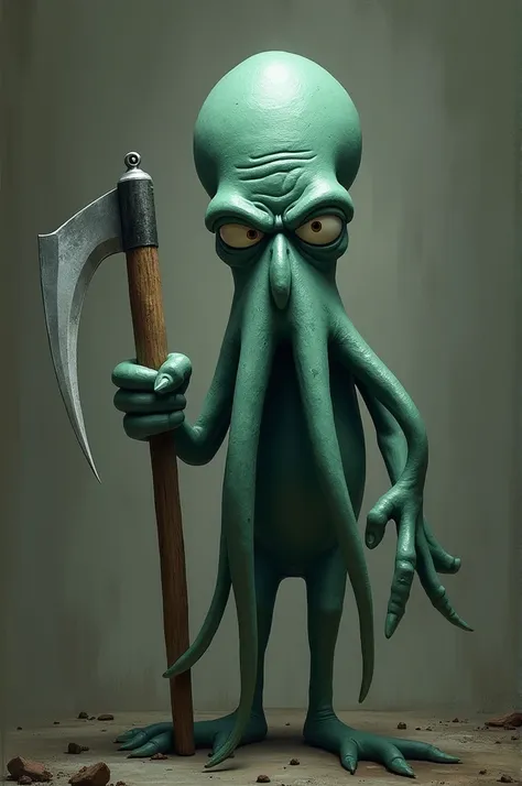 Squidward with a sickle in his hand