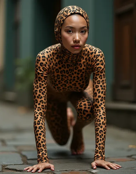 a beautiful and thin malaysian muslim adult girl wears leopard print lycra turtleneck unitard catsuit covered with leopard spots and always wear leopard print lycra dancewear hijab covered with leopard spots.She is crawling.