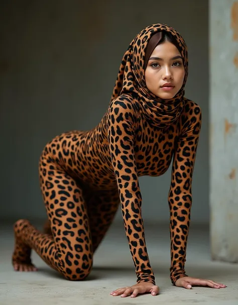 a beautiful and thin malaysian muslim adult girl wears leopard print lycra turtleneck unitard catsuit covered with leopard spots and always wear leopard print lycra dancewear hijab covered with leopard spots.She is crawling.